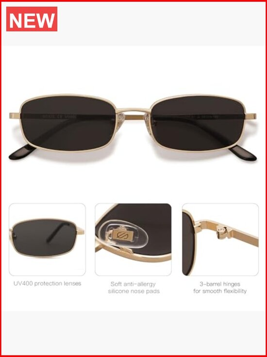 Retro Narrow Rectangle Sunglasses with UV400 Protection Metal Frame main image 6
